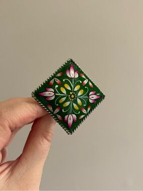 Bronze Tone Square Ornate Statement Ring with Green And Floral Print Design